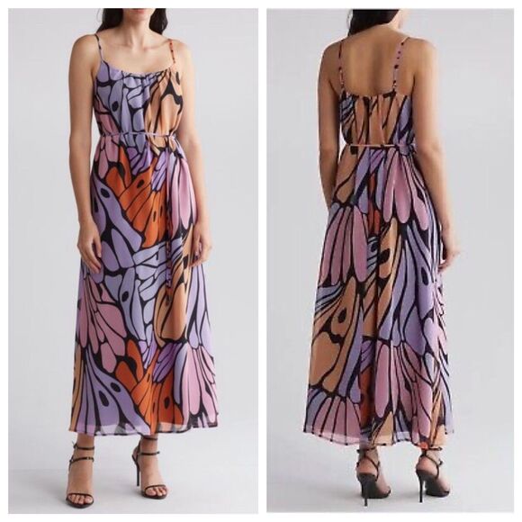 NWT Sam Edelman Women's Butterfly Trapeze Chiffon Maxi Dress in Lavender Multi M - Picture 2 of 11